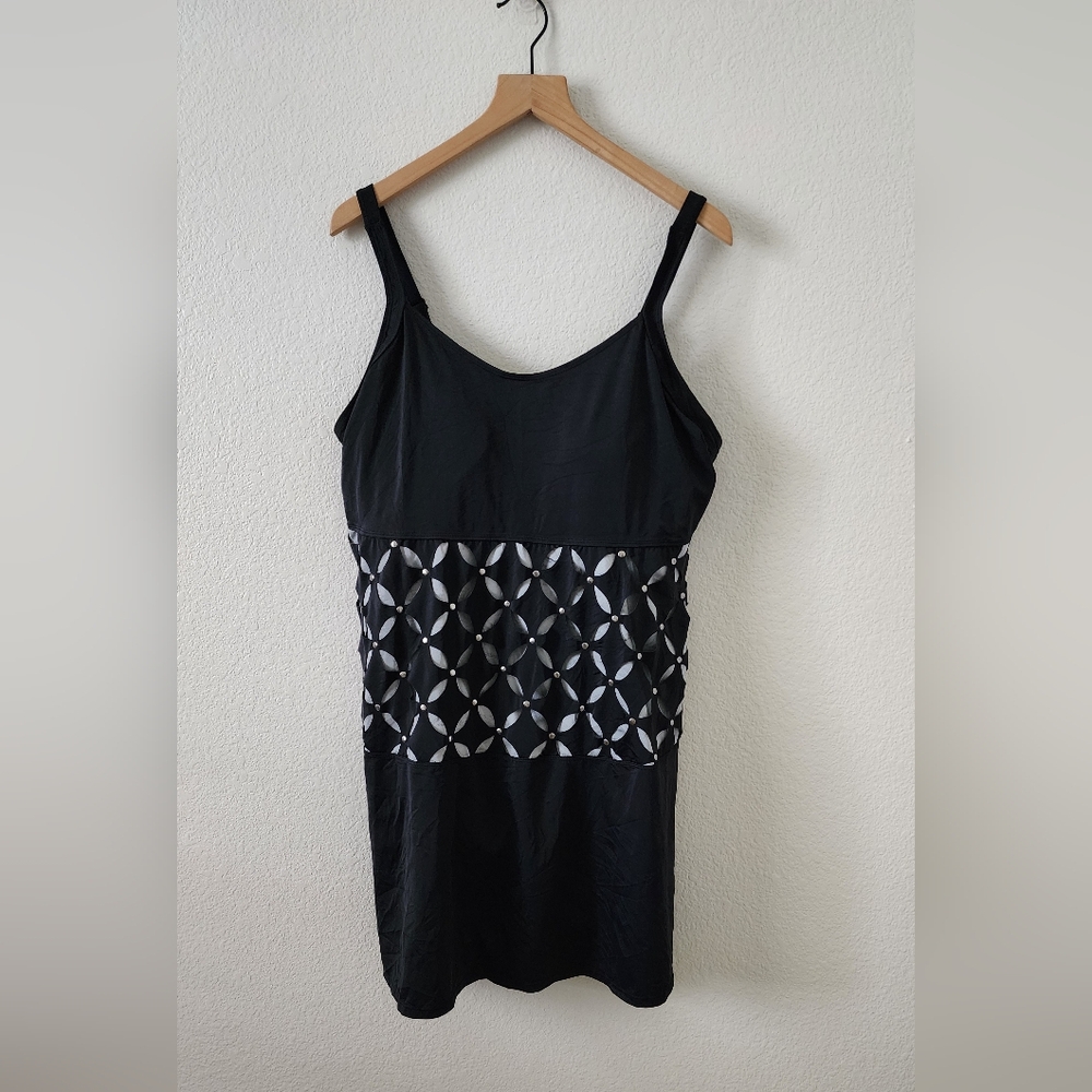 Roaman's 24W Black Silver Beach Vacation Pool Swim Dress